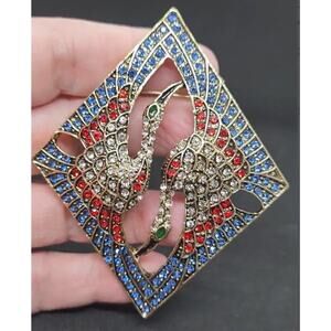 Art Deco Style Cranes Brooch Rhinestones on Gold Tone Metal Diamond Shape